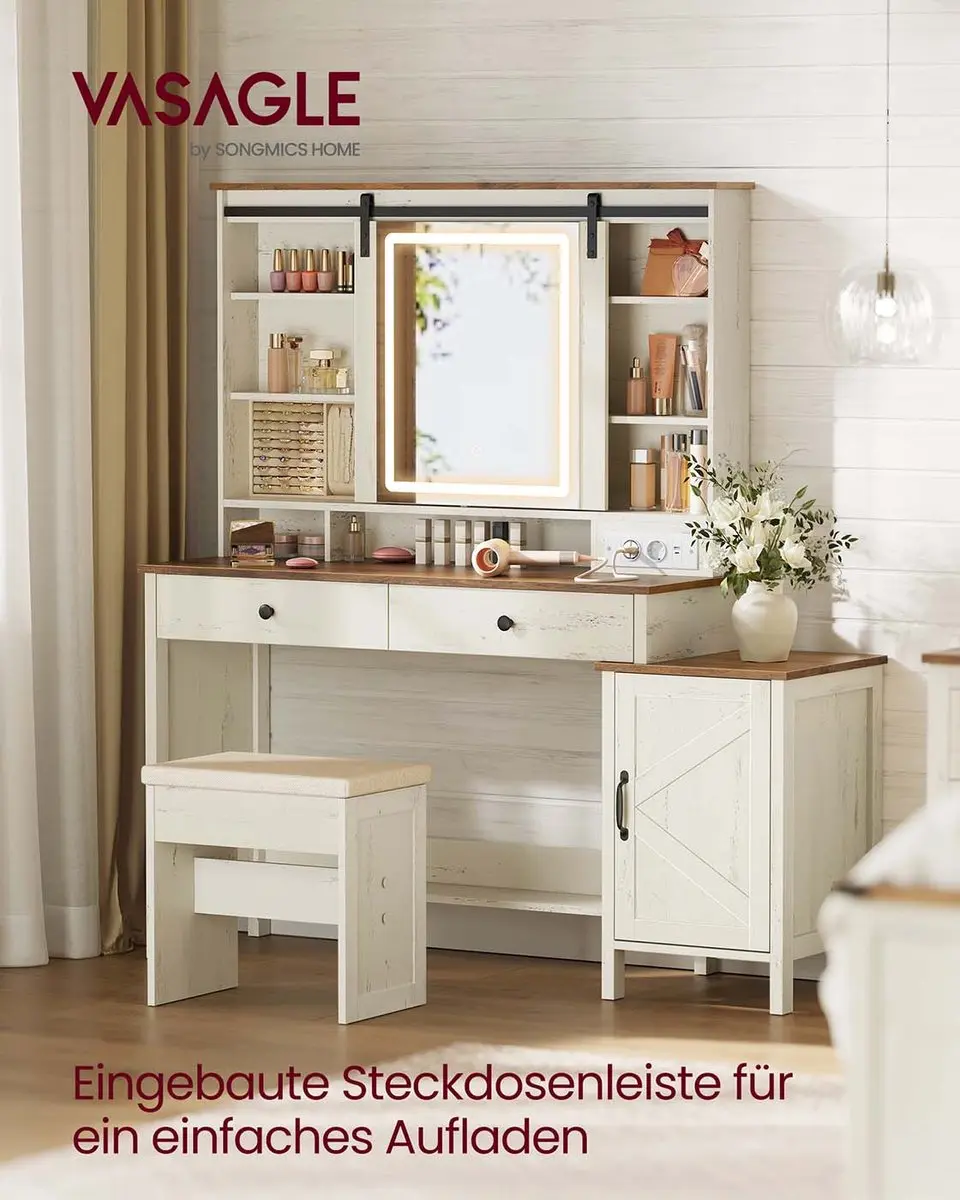 Songmics LIRY Kaptafel met Spiegelverlichting - Bruin/Wit - afbeelding 2 van 6