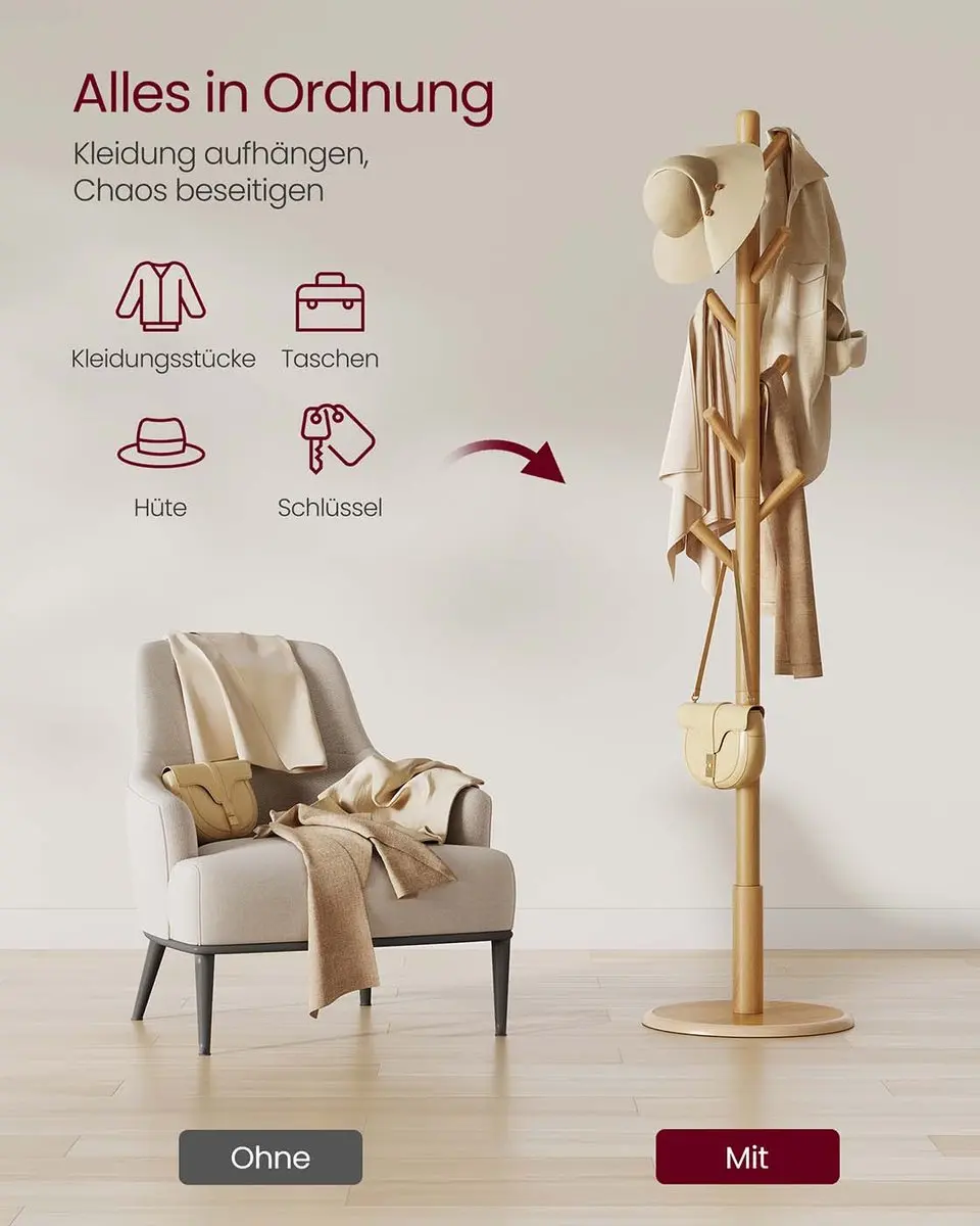 Songmics Kapstokboom RCR009YK01 - 8 Haken - Naturel - afbeelding 3 van 6