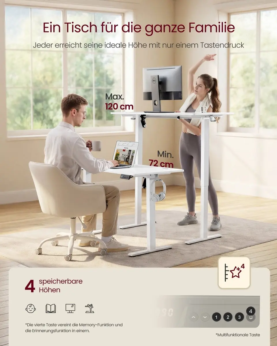 Elektrisch bureau – Met geheugenfunctie – 4 hoogte-instellingen – Wolkwit – 140 x 60 x (72-120) cm - afbeelding 3 van 6