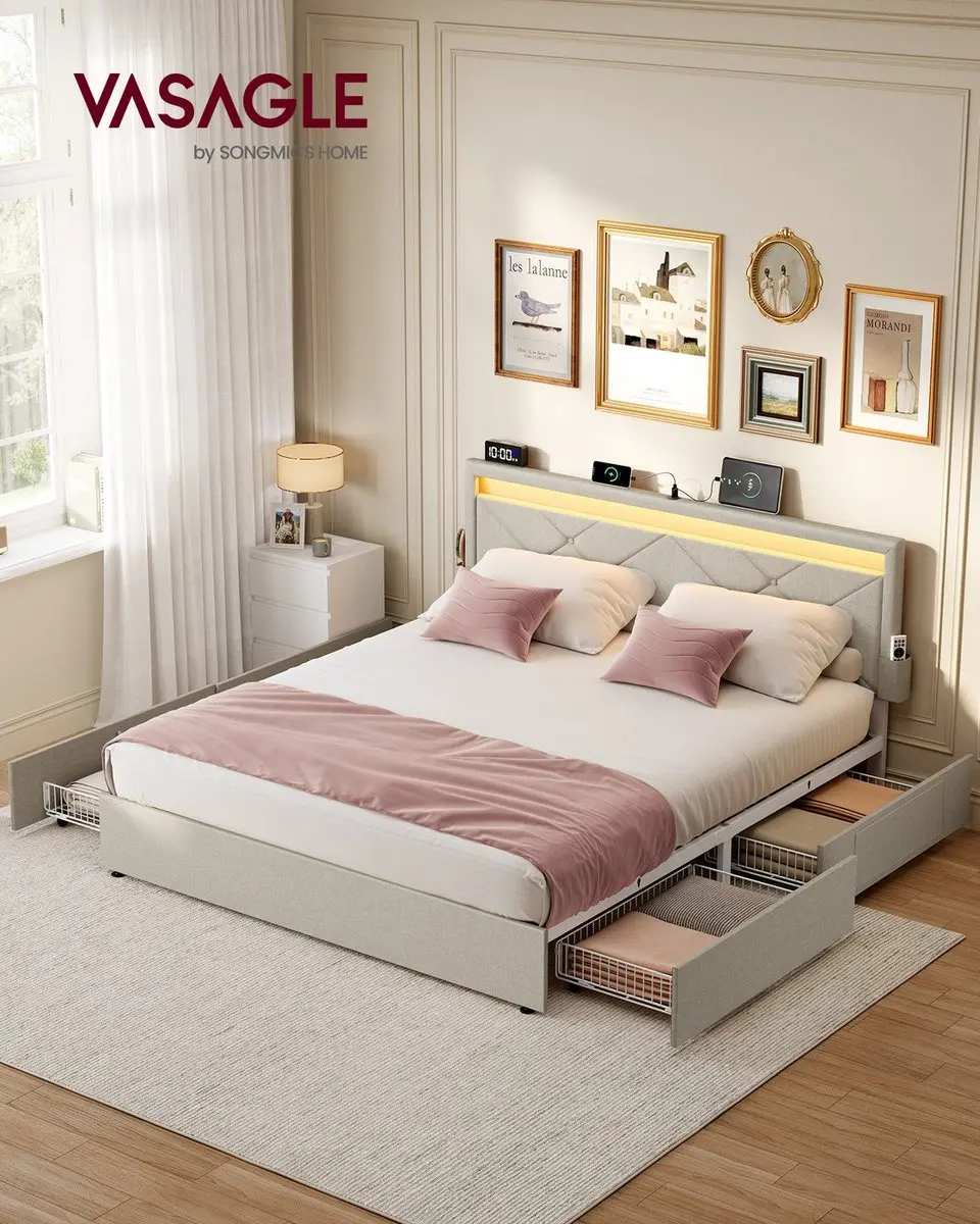 Songmics RMB827LH01 Bedframe met lades - 140x200cm Cappuccinobeige - afbeelding 2 van 6
