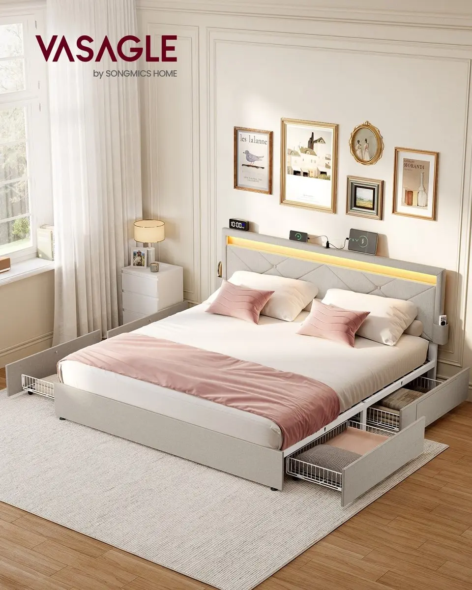 Songmics RMB828LH01 Gestoffeerd Bed 160x200cm - Cappuccinobeige - afbeelding 2 van 6