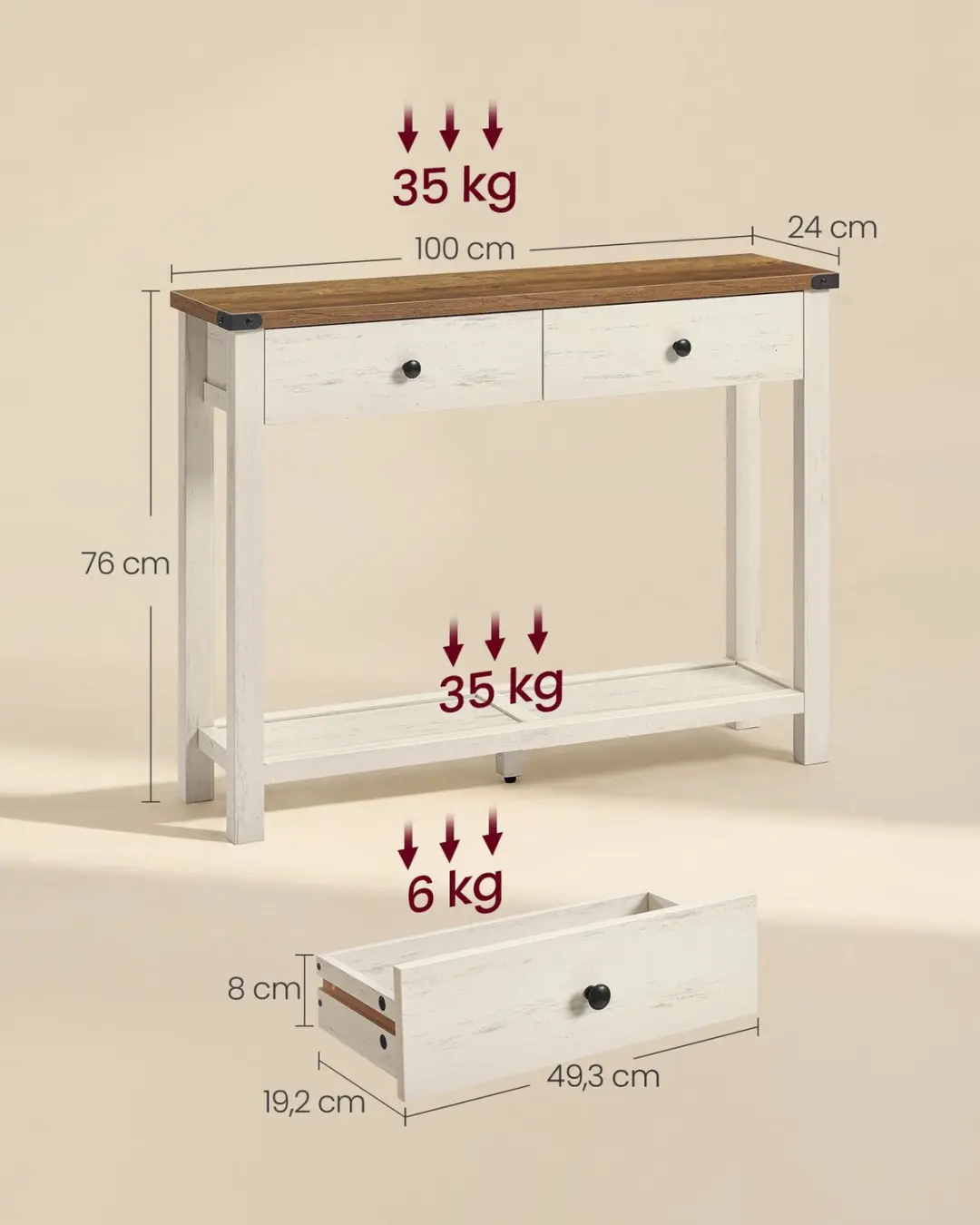 Songmics LNT141W101 Smalle Haltafel - 100cm - Wit/Bruin - afbeelding 2 van 5