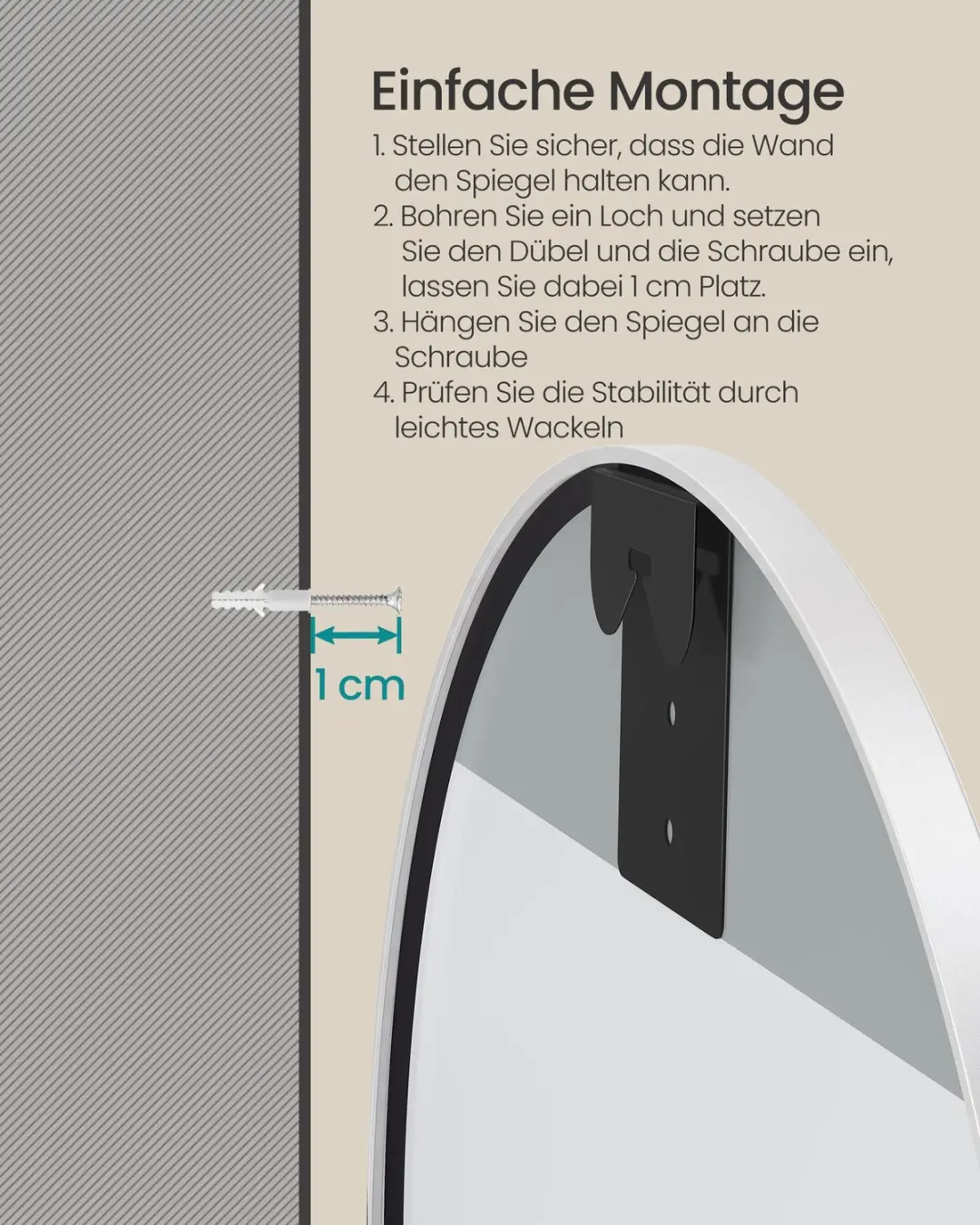 Songmics LWM102WC01 Ronde Wandspiegel 61cm - Matwit - afbeelding 6 van 6