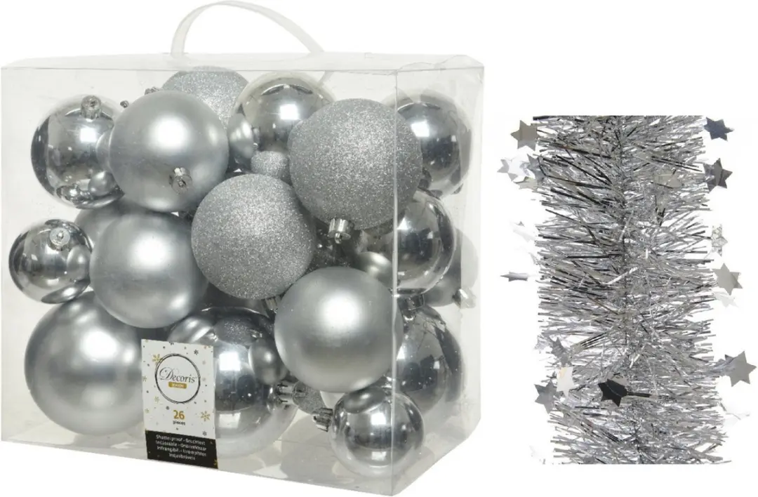 Kerstversiering kunststof kerstballen 6-8-10 cm met sterren folieslingers pakket