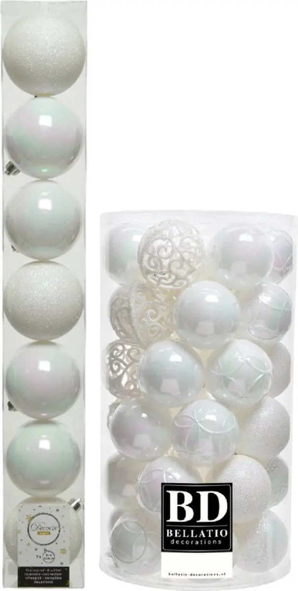 Kerstversiering kunststof kerstballen parelmoer wit 6-8 cm pakket van 51x stuks