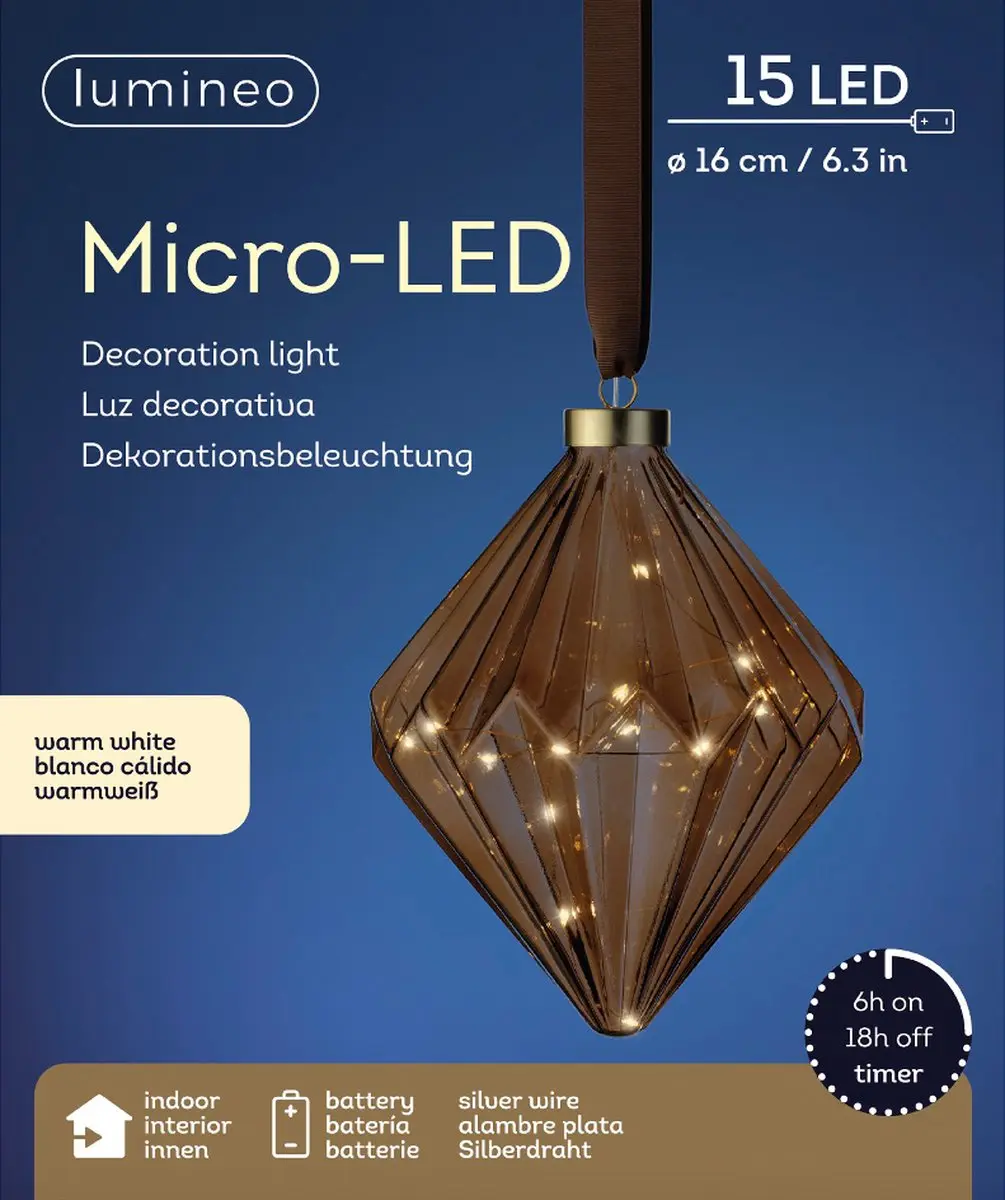 Lumineo Micro LED Diamantlamp 16cm - 15 LED - Bruin - afbeelding 4 van 5