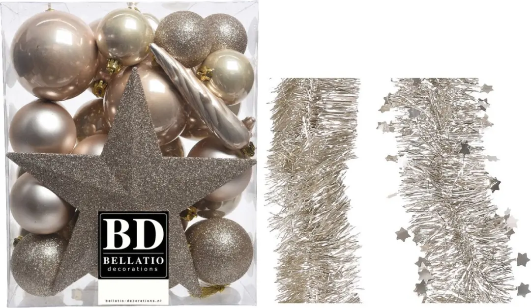 Kerstversiering kunststof kerstballen 5-6-8 cm met ster piek en folieslingers pa