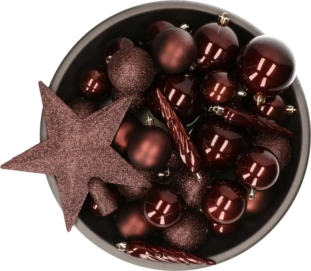 Decoris kerstballen set - 34-dlg - mahonie bruin - incl. piek - kunststof - kerstversiering