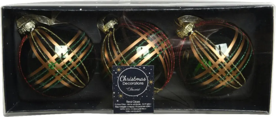 Decoris Luxe kerstballen - 3x st - brass groen - D8 cm - glas - gedecoreerd - kerstversiering