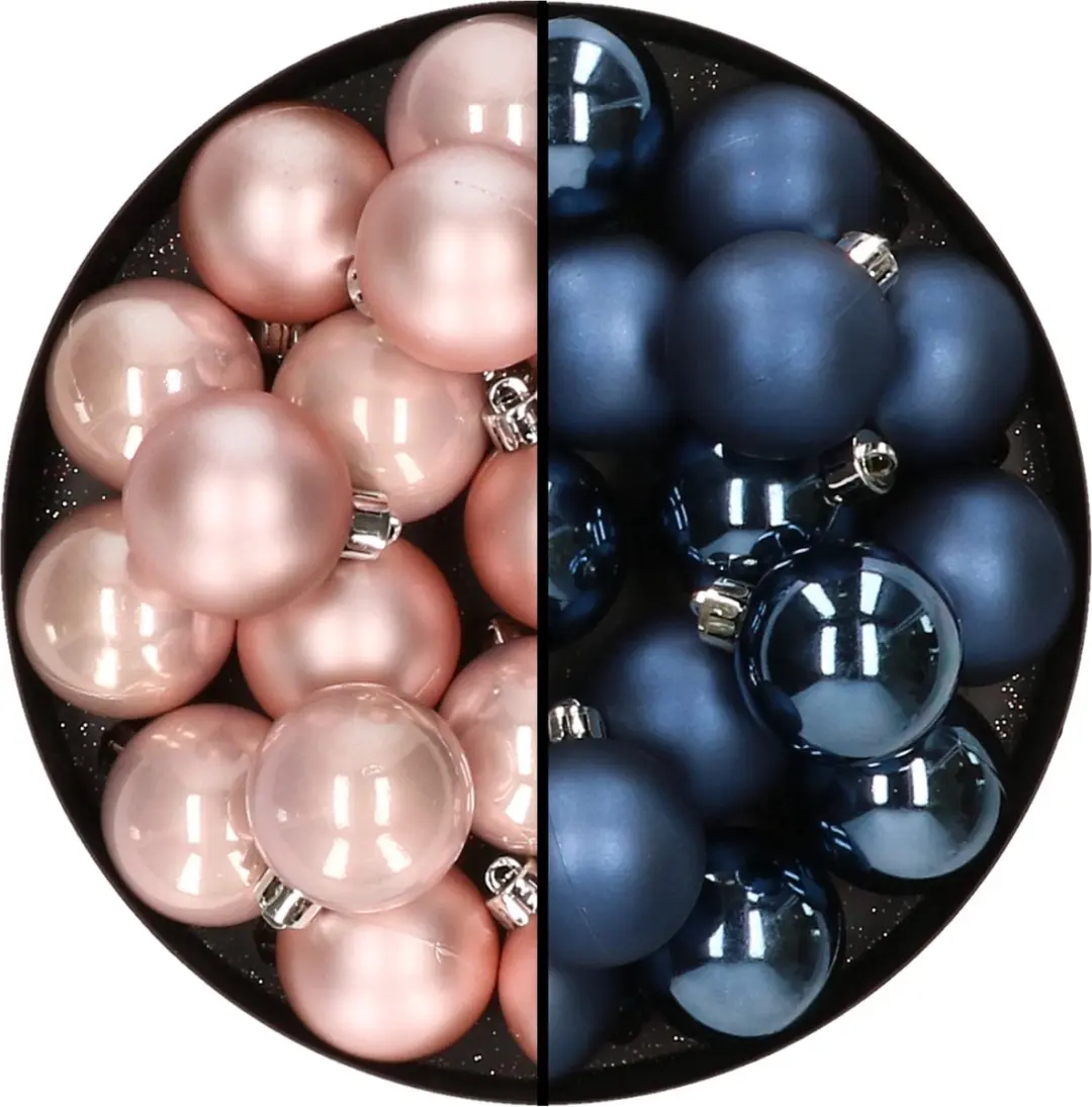 32x stuks kunststof kerstballen mix van lichtroze en donkerblauw 4 cm
