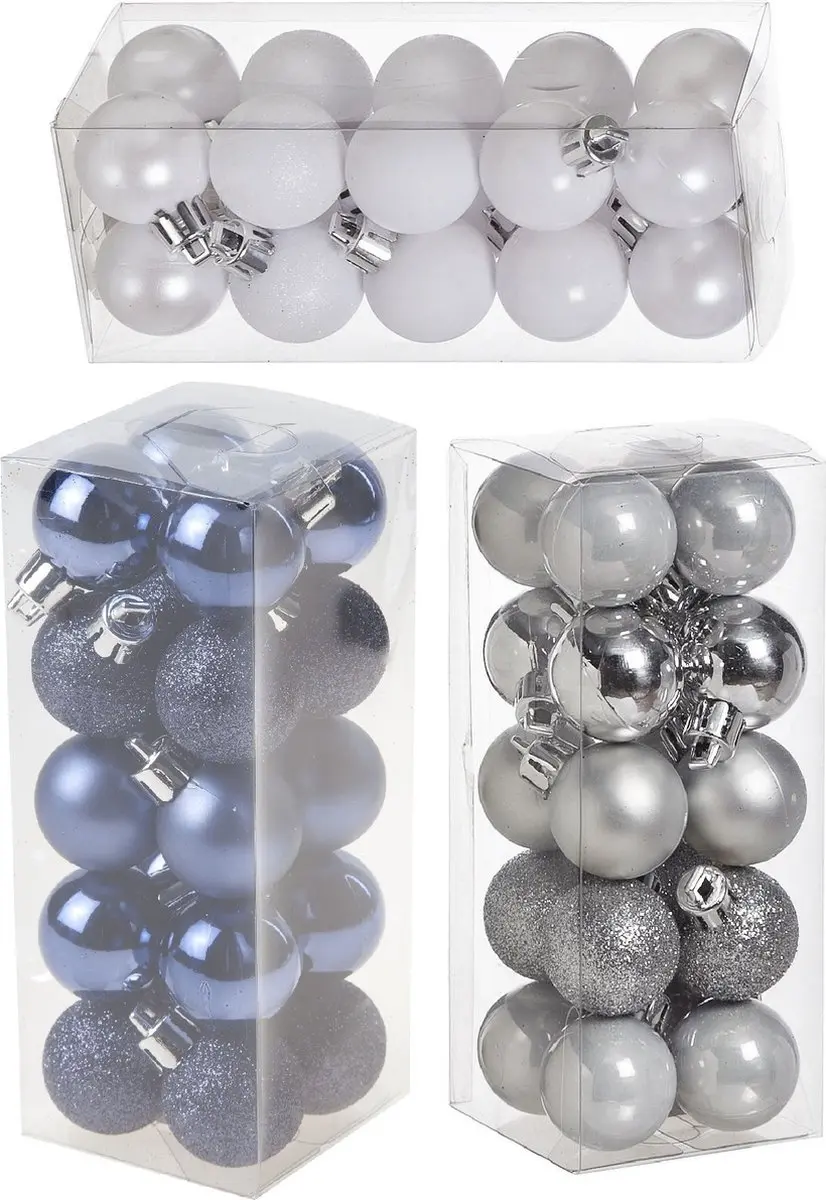 Kleine kunststof kerstversiering 60x stuks set en 3 cm kerstballen in het zilver