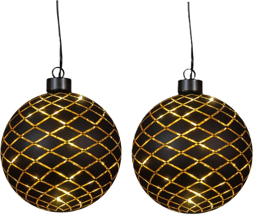 Anna's Collection Verlichte kerstbal - 2x - goud - D12 cm - Diamant patroon - 10 LED lampjes - warm-wit - hangende kerstbal - hangdecoratie