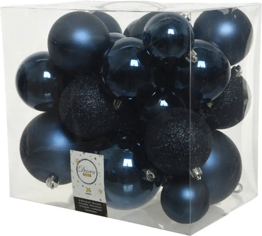 Decoris Kerstballen - 26x st - donkerblauw - 6-8-10 cm - kunststof - kerstversiering