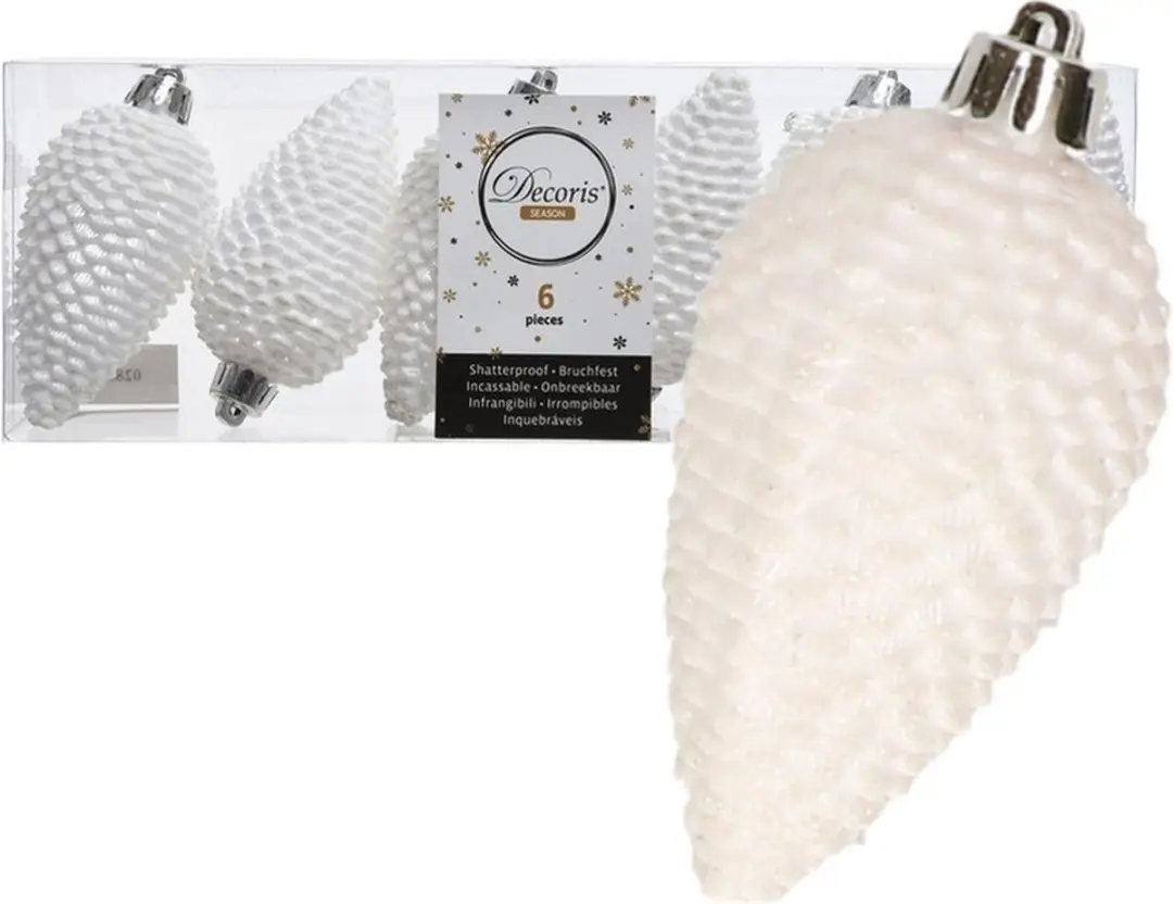 6x Winter witte dennenappels kerstballen 8 cm - Glitter - Onbreekbare plastic kerstballen - Kerstboomversiering winter wit