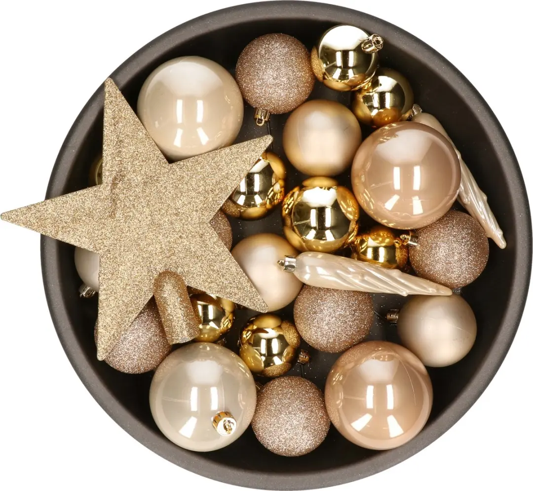 Decoris kerstballen set - 34-dlg - goud/champagne/bruin - incl. piek - kunststof - kerstversiering