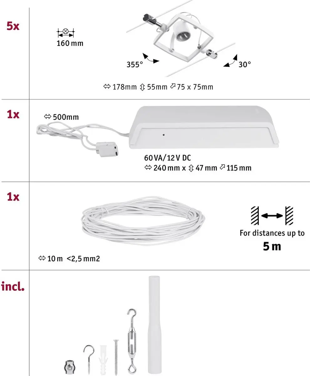 Paulmann Wire Mac II Kabelsysteem 5-lamps 5m - Wit/Chroom - afbeelding 6 van 6