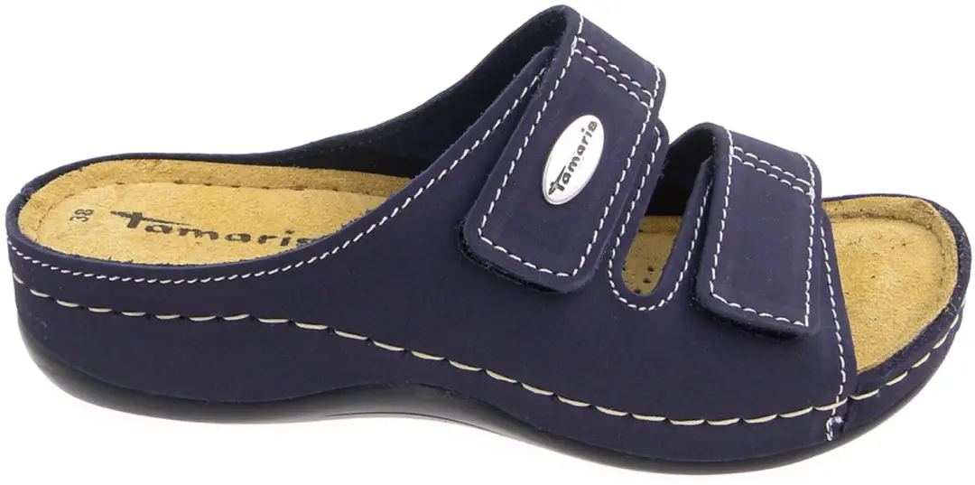 Tamaris dames klompjes met plateau, navy leer, maat 38