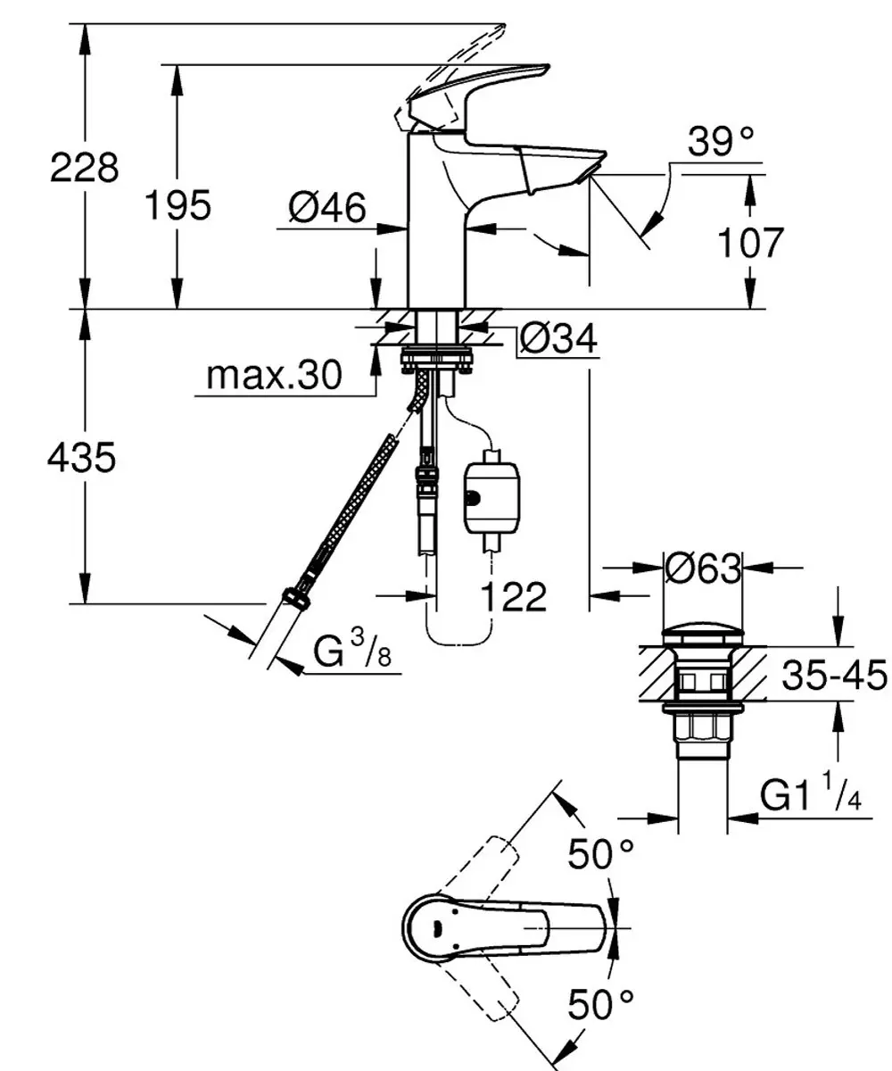 GROHE Eurosmart M-Size Opbouw Wastafelmengkraan - Uittrekbare uitloop - Chroom - afbeelding 3 van 6