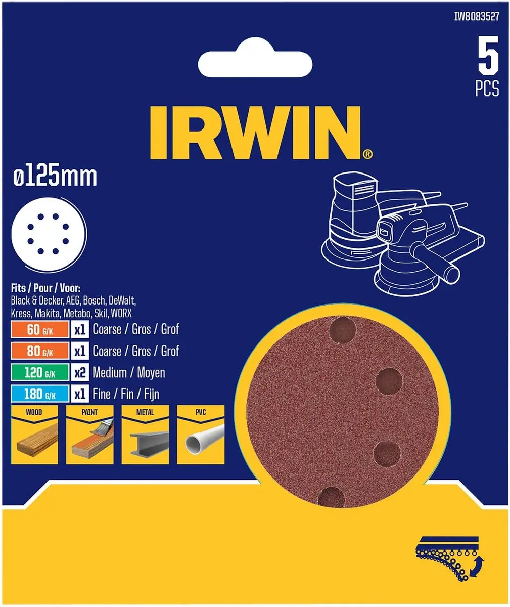 Irwin Schuurschijven Set 5 Stuks 125mm K60/K80/K120/K180 - afbeelding 2 van 2