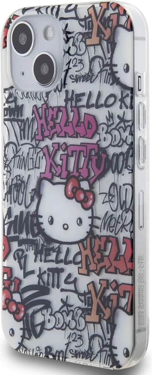 Hello Kitty iPhone 15 TPU Hoesje - Graffiti Tags Wit