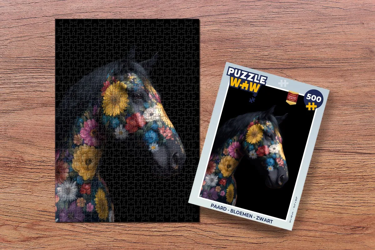 PuzzleWow Paard - Bloemen Legpuzzel 500 Stuks - Zwart