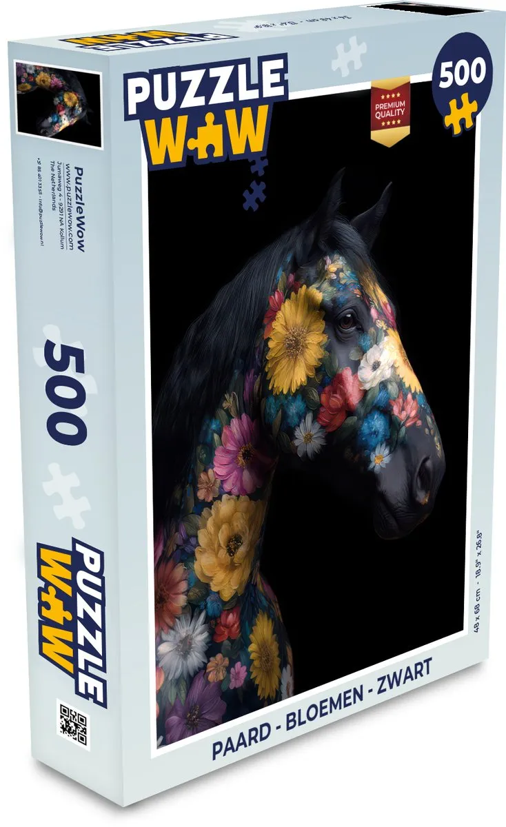 PuzzleWow Paard - Bloemen Legpuzzel 500 Stuks - Zwart