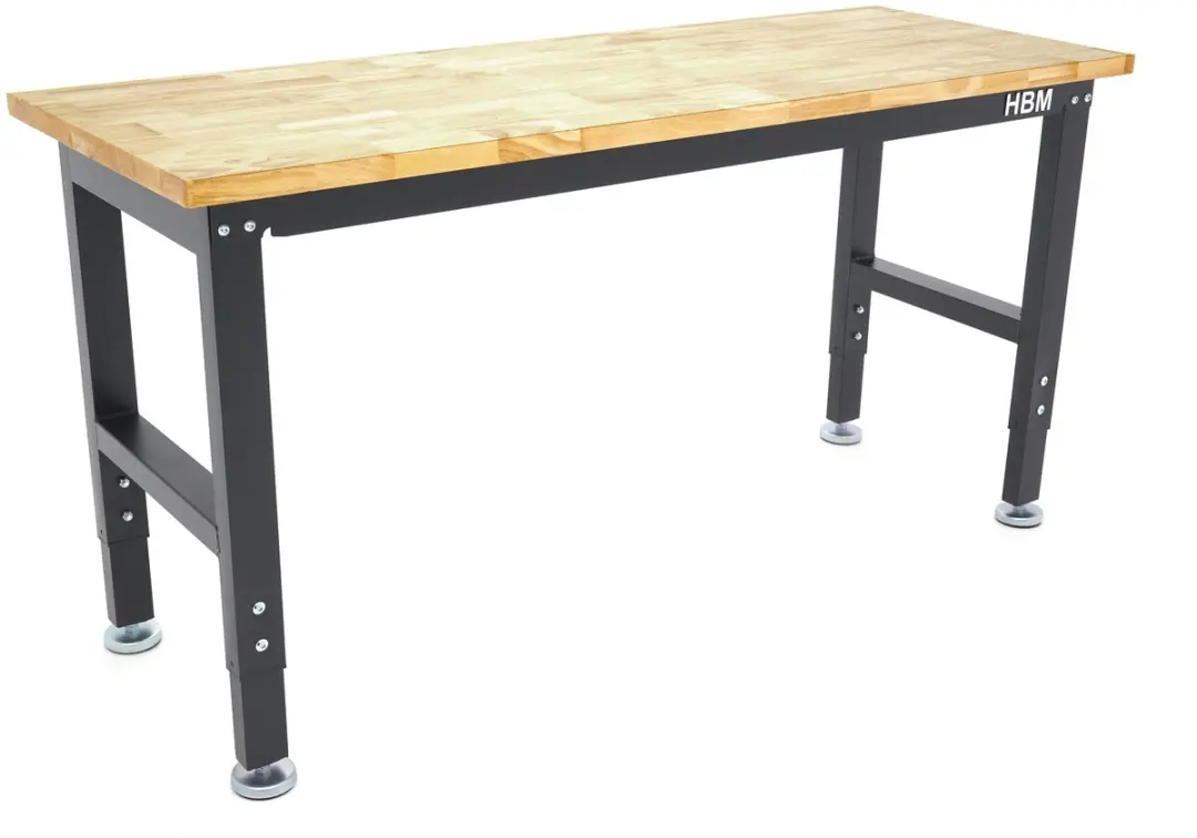 HBM werkbank 152,4 cm, in hoogte verstelbaar, massief houten werkblad, staal, zw