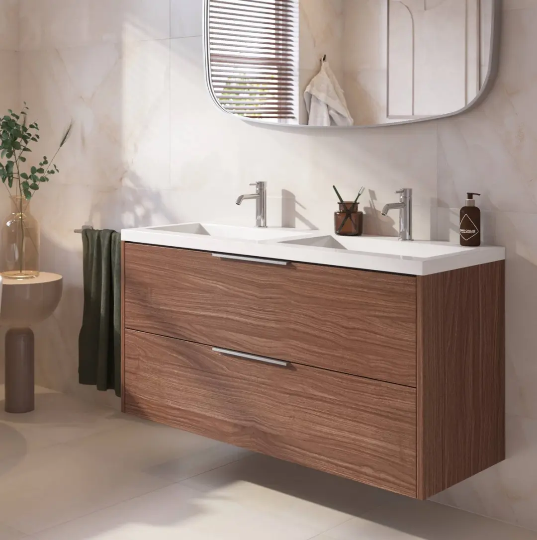 Saqu Lima badmeubel incl. dubbele glans witte wastafel 120x46x64cm noten urban