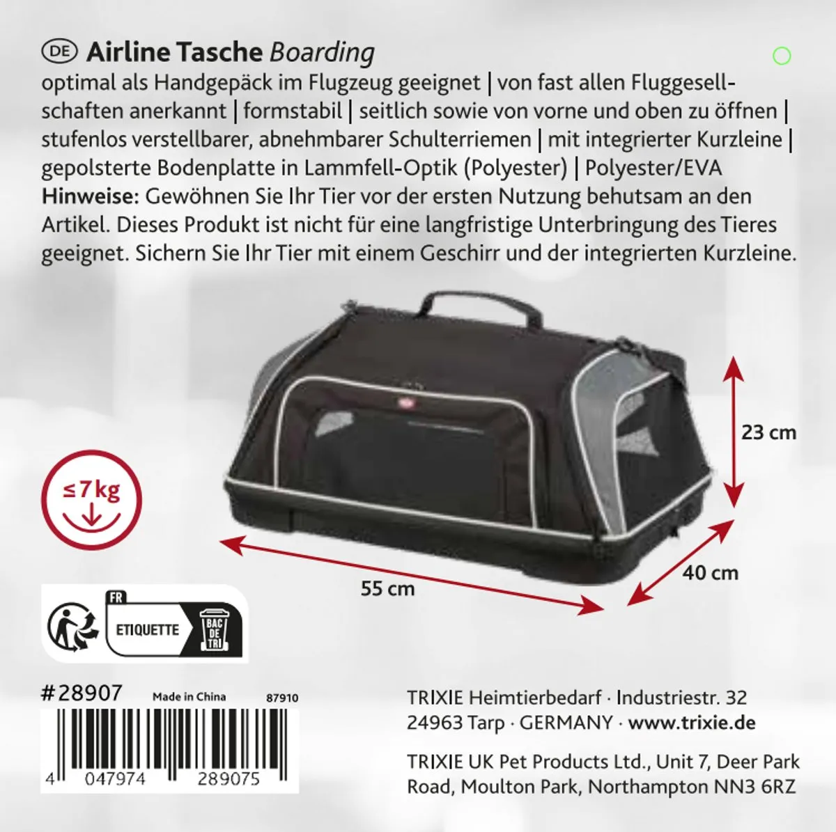 Trixie Hondentas Vliegtuigtas Boarding - 55x40x23cm - Zwart/Grijs