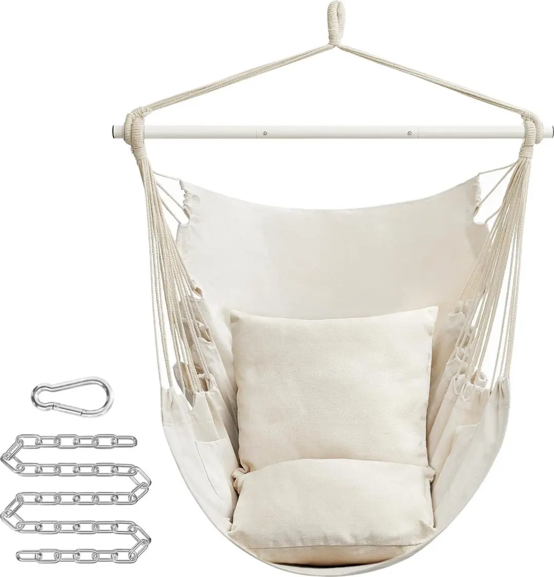 Hangstoel, hangschommel, hangstoel met 2 kussens, metalen ketting, belastbaar tot 150 kg, binnen en buiten, woonkamer, slaapkamer, crèmewit