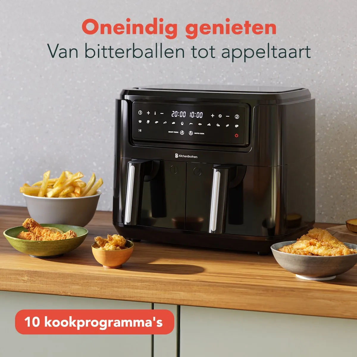 KitchenBrothers Dubbele Airfryer 2400W 9L - Dual Zone - 10 Programma's - Zwart