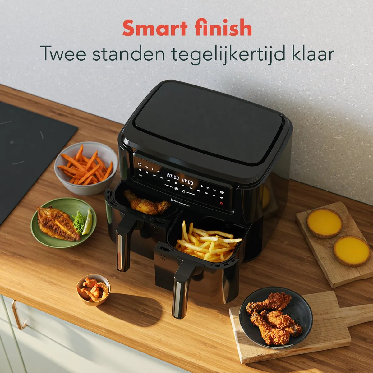 KitchenBrothers Dubbele Airfryer 2400W 9L - Dual Zone - 10 Programma's - Zwart