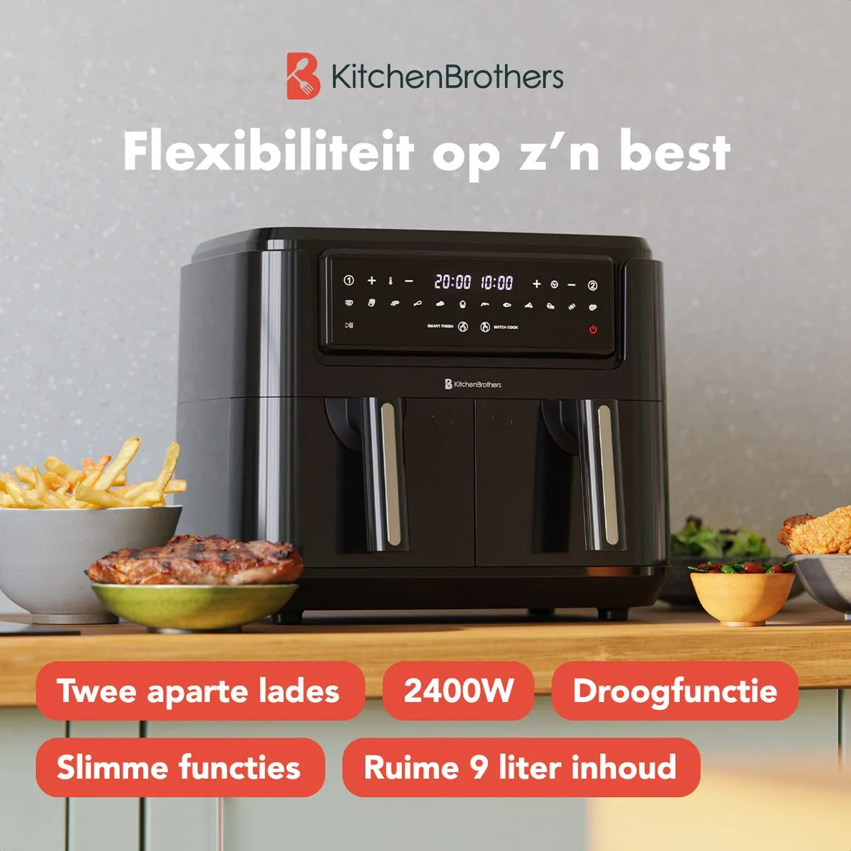 KitchenBrothers Dubbele Airfryer 2400W 9L - Dual Zone - 10 Programma's - Zwart