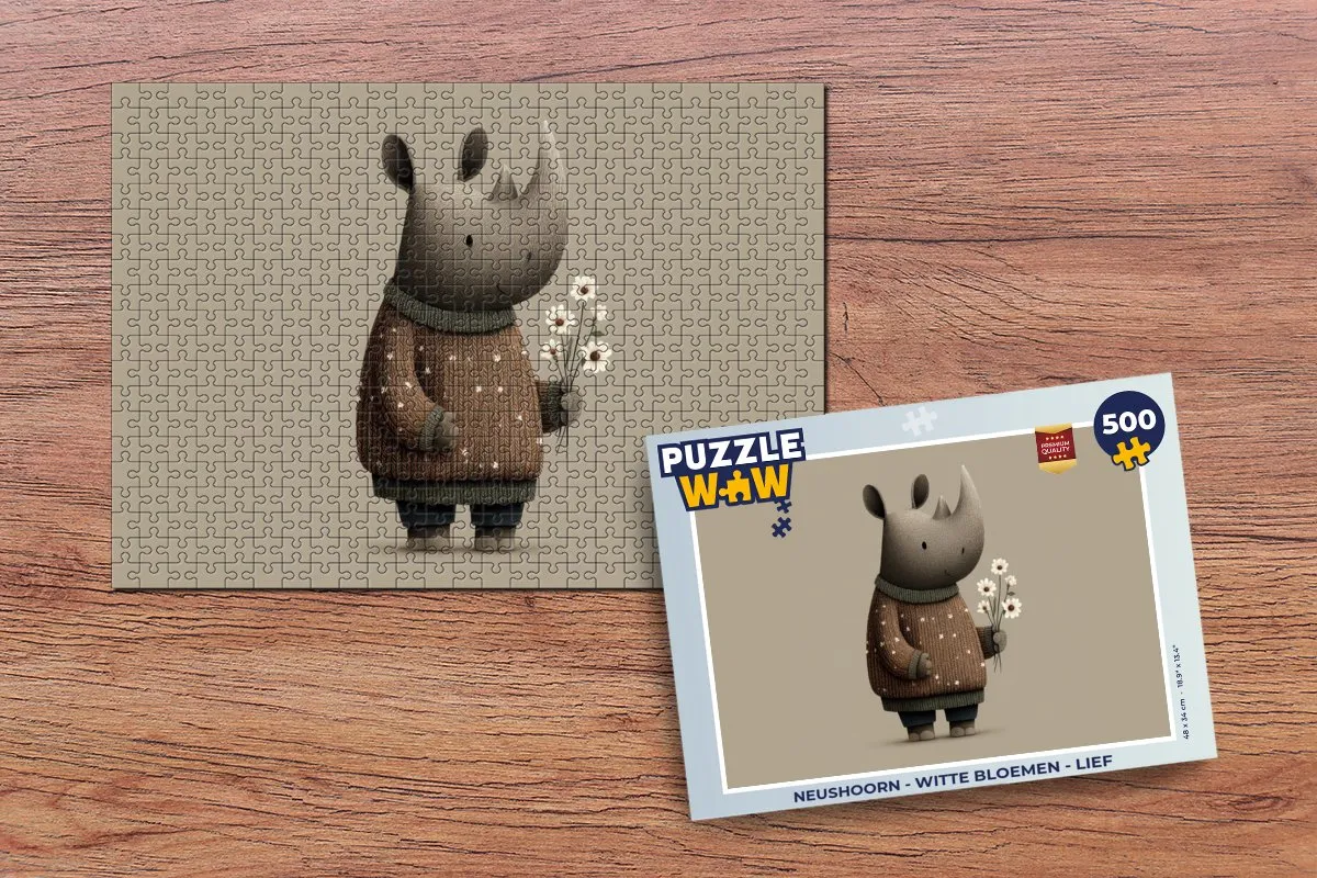 PuzzleWow Neushoorn - Witte Bloemen Legpuzzel 500 Stuks
