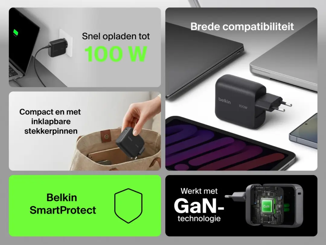 Belkin BoostCharge 100W USB-C GaN Wandlader - Zwart - afbeelding 2 van 6