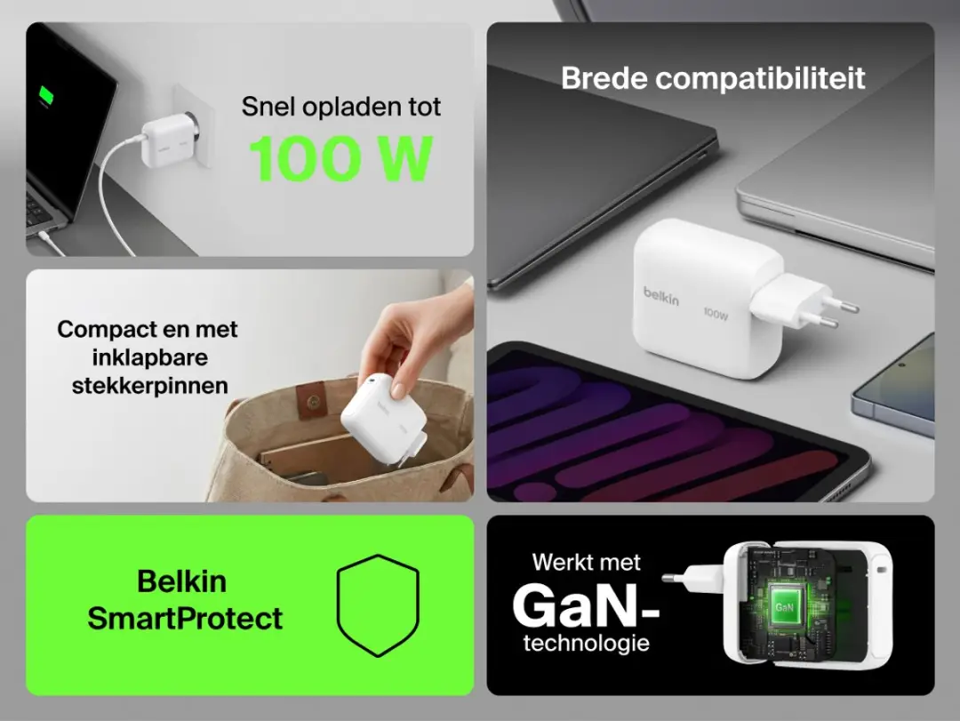 Belkin BoostCharge 100W USB-C GaN Wandlader - Wit - afbeelding 4 van 6