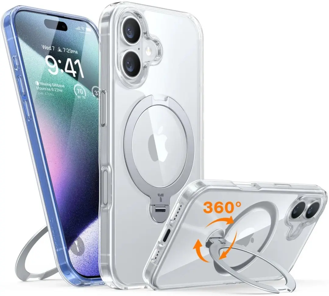 Torras Ostand Spin MagSafe Hoesje iPhone 16 - Transparant - afbeelding 6 van 6