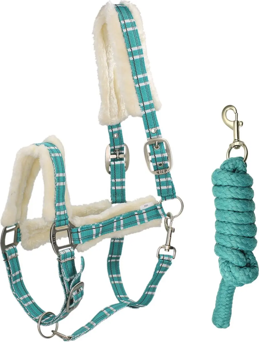 Qhp Halsterset Met Bont Qhp Check Turquoise