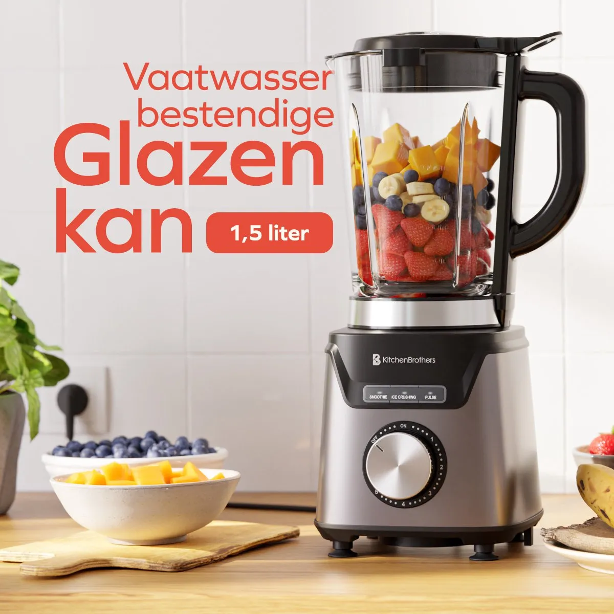 KitchenBrothers Blender 1200W - 1.5L - Grijs