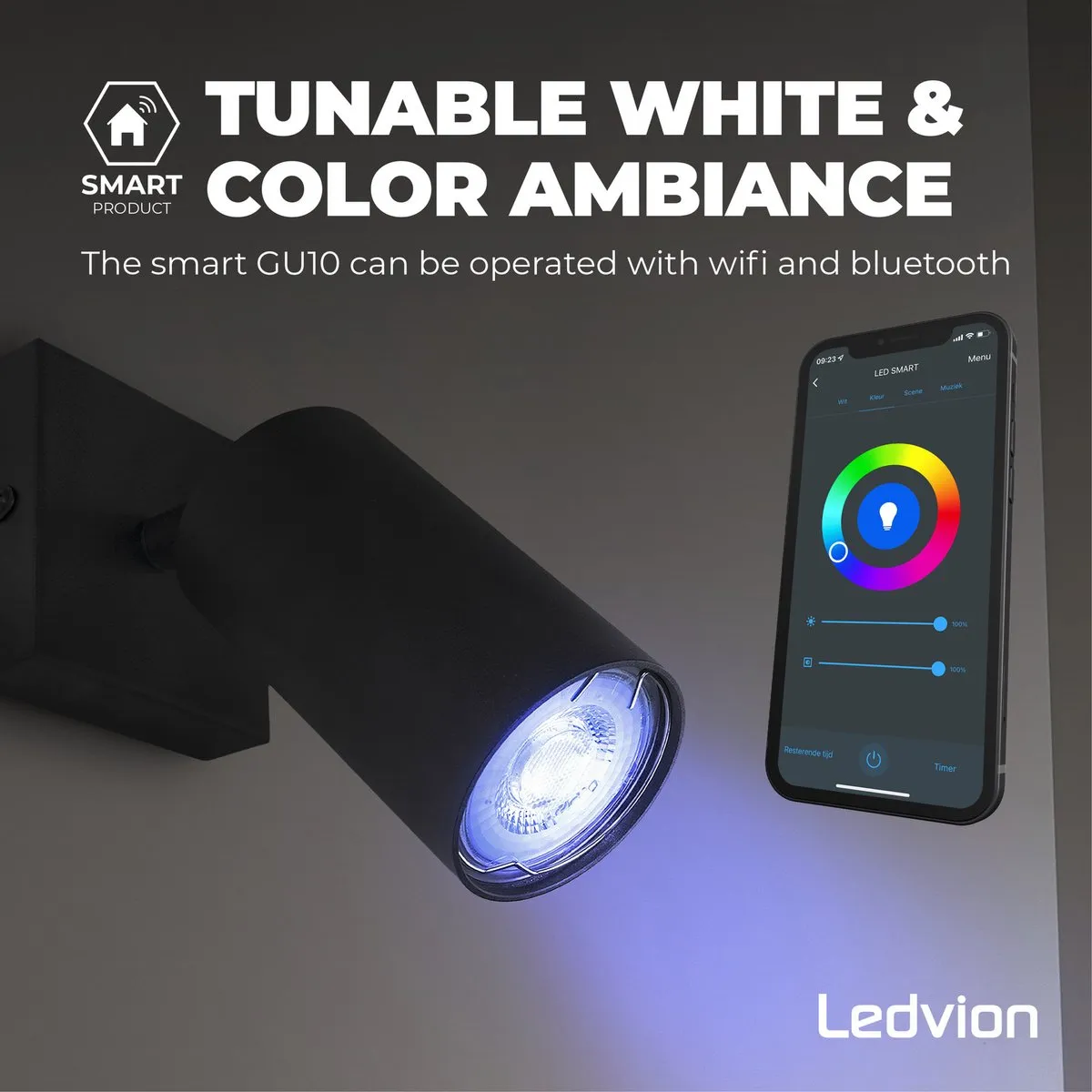 Ledvion Smart RGB+CCT GU10 LED Spot 4,9W - 345Lm - RGBW - Wifi/Alexa