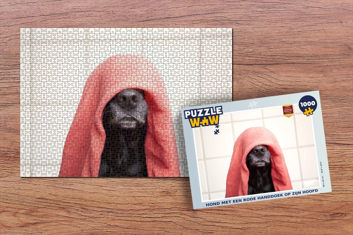 PuzzleWow Legpuzzel Hond met rode handdoek 1000 Stuks - Multicolor