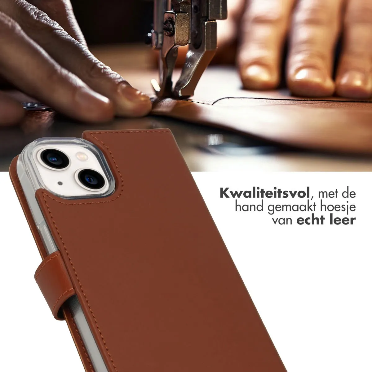 Selencia Hoesje iPhone 14 Lichtbruin - Lederen Bookcase 3 Pasjes