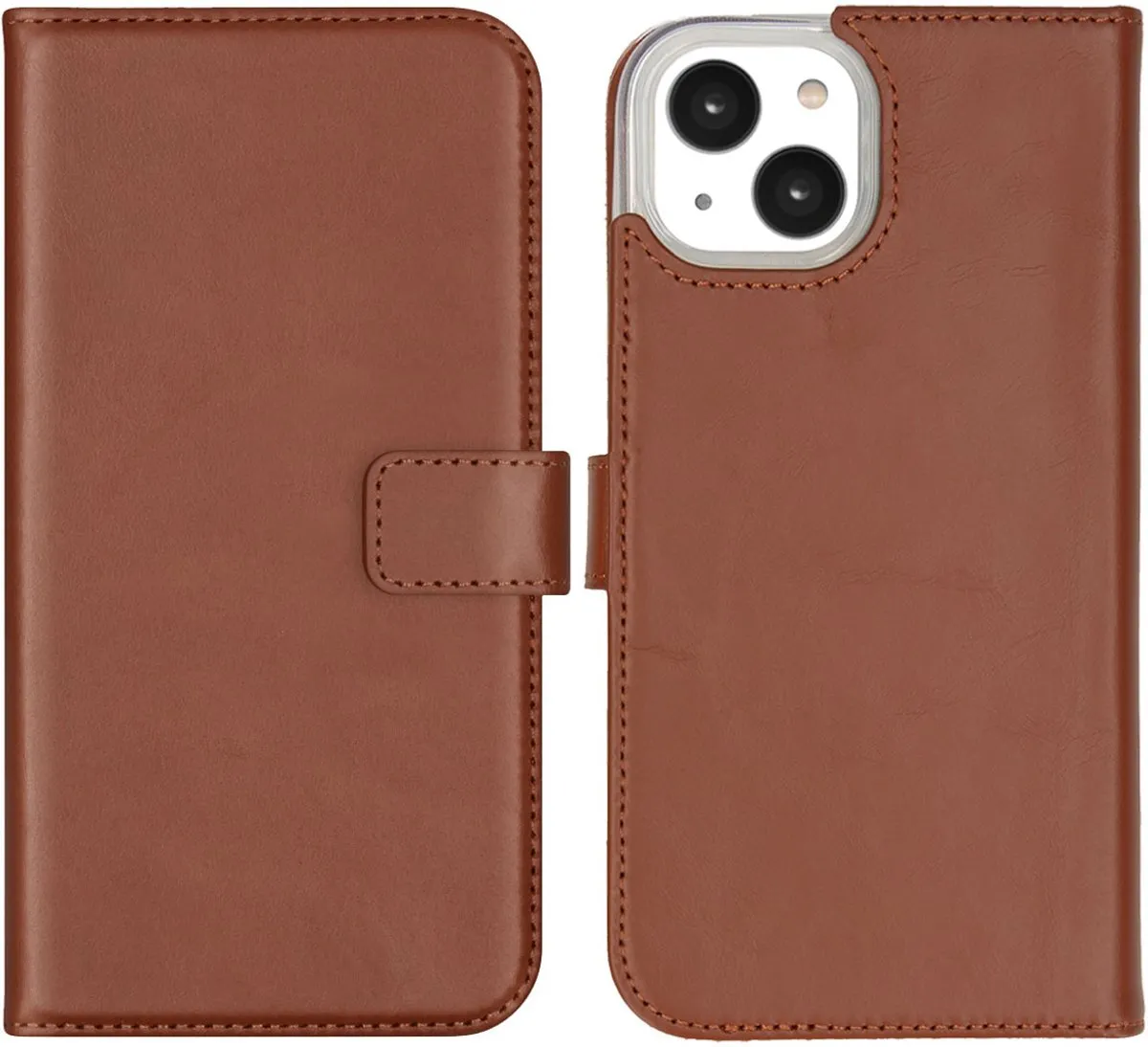 Selencia Hoesje iPhone 14 Lichtbruin - Lederen Bookcase 3 Pasjes