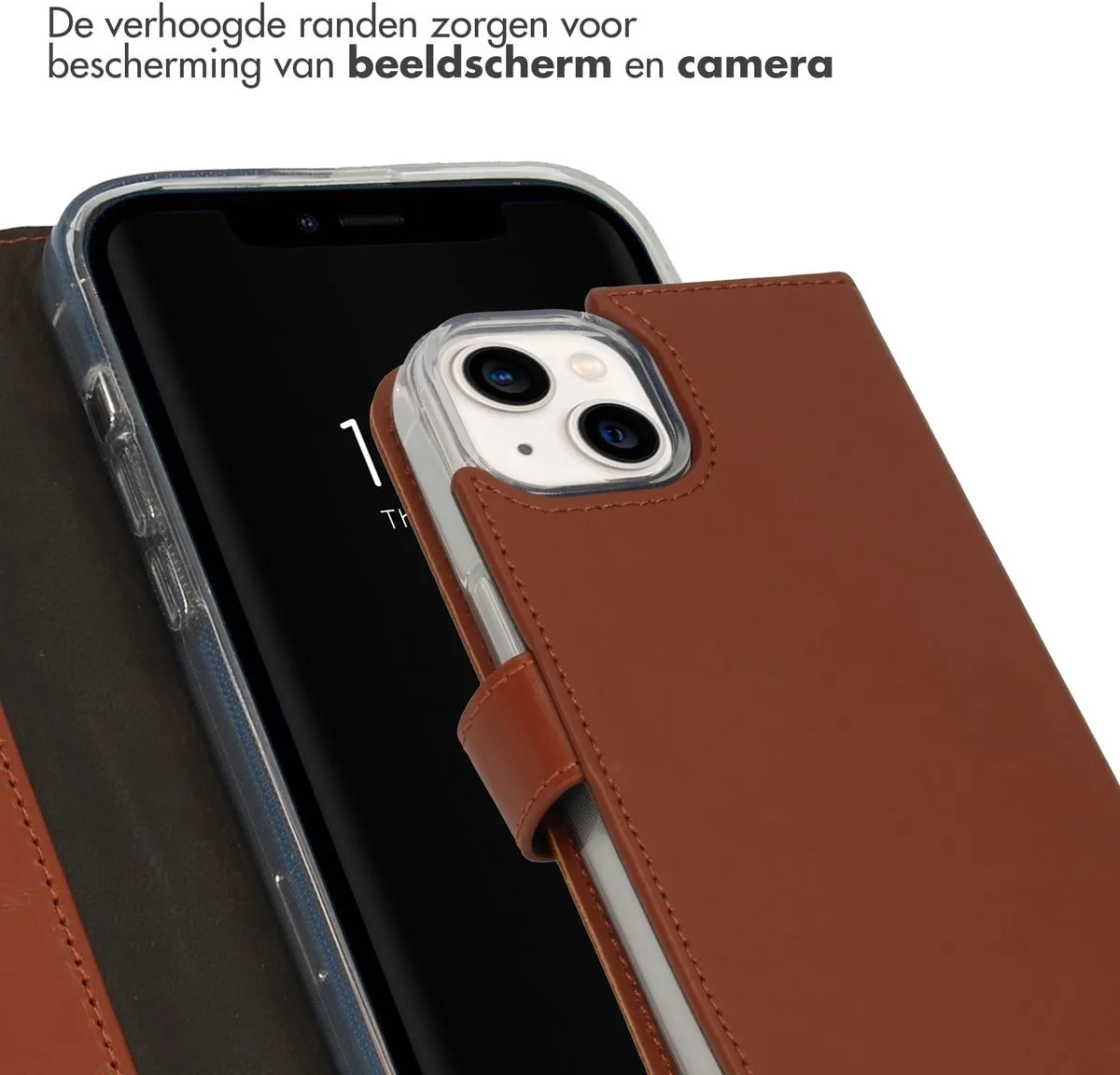 Selencia Hoesje iPhone 14 Lichtbruin - Lederen Bookcase 3 Pasjes