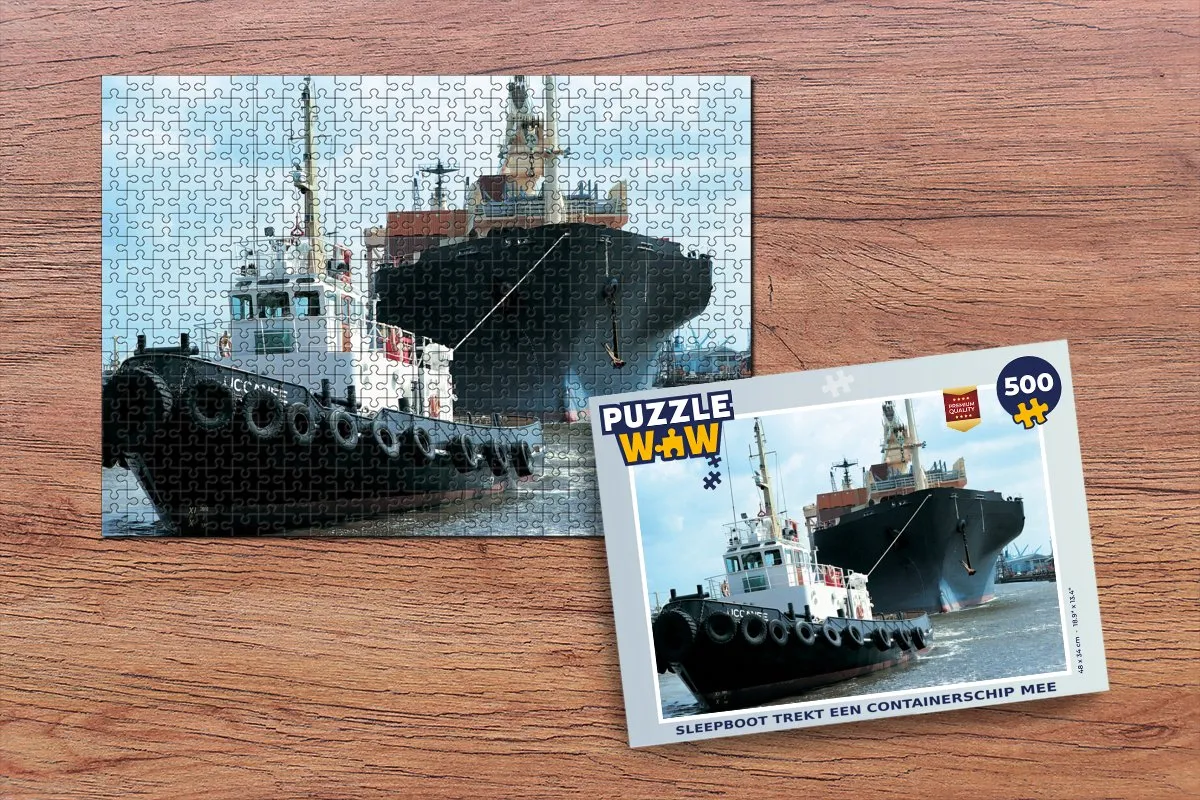 PuzzleWow Sleepboot trekt een containerschip mee - Legpuzzel 500 Stuks - Multicolor
