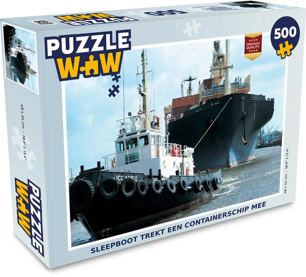 PuzzleWow Sleepboot trekt een containerschip mee