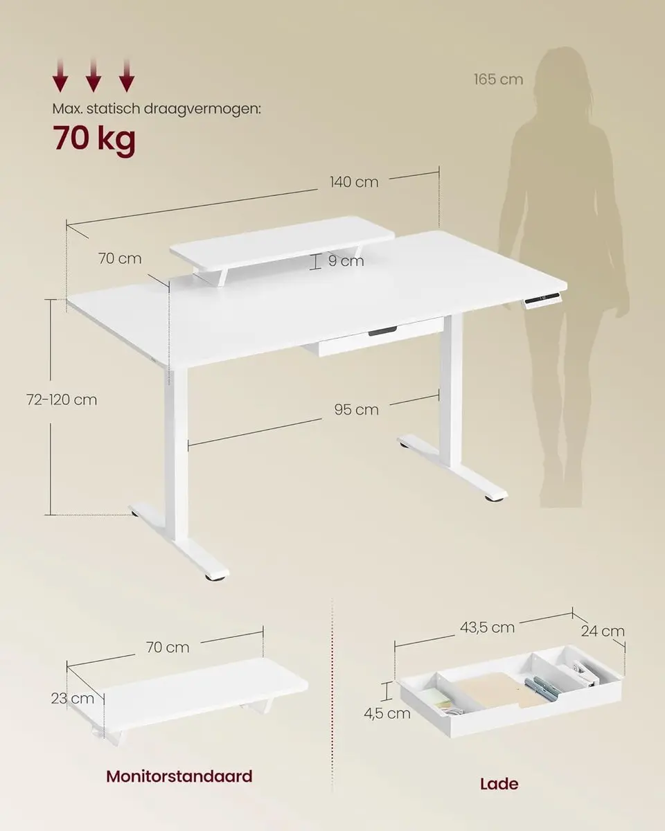 Songmics LSD154WB01 Bureau 140x70cm - Wit - afbeelding 2 van 6
