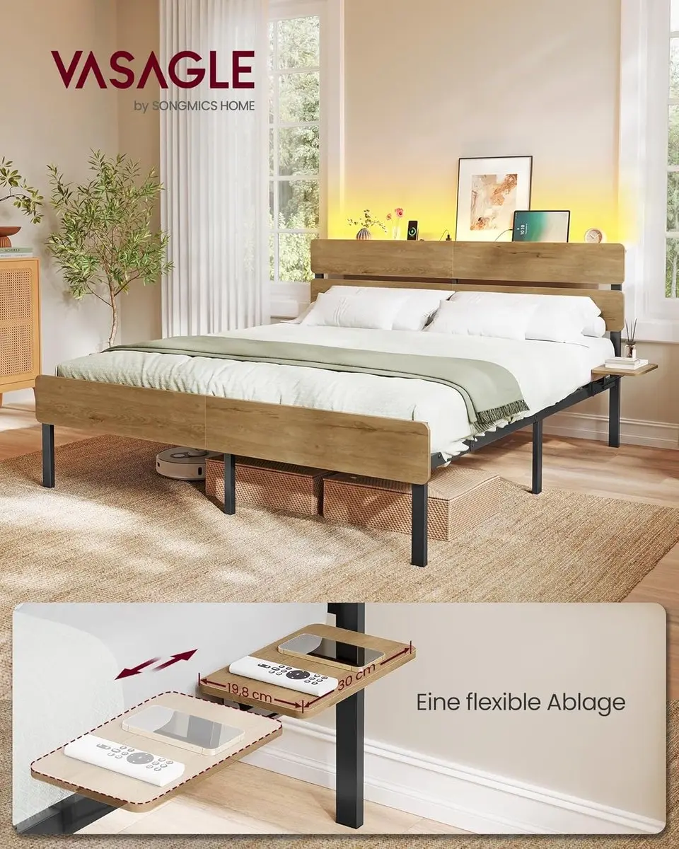 Songmics Tweepersoonsbedframe met Verlichting 140x200cm - Natuurlijk bruin - afbeelding 4 van 6