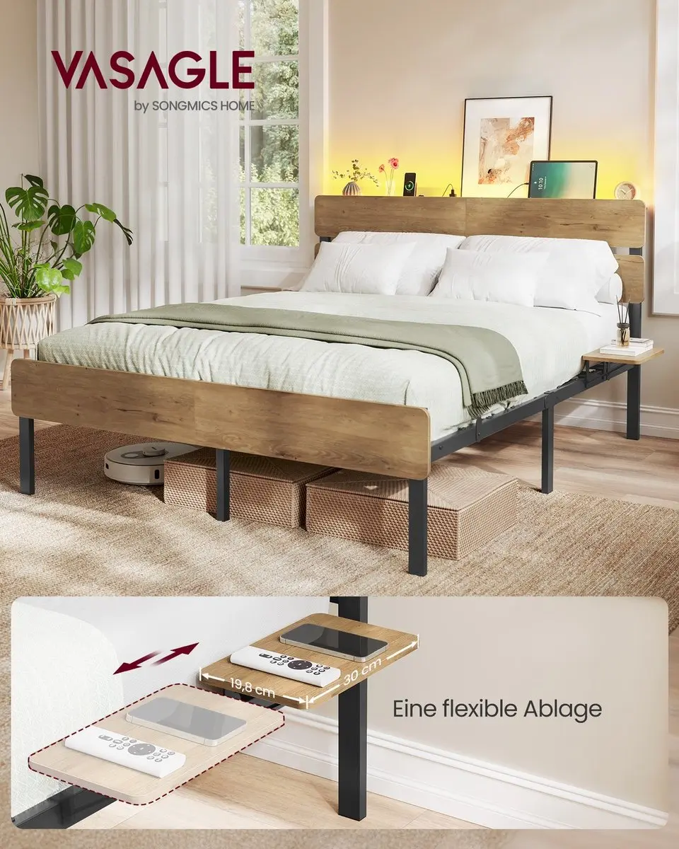Songmics Tweepersoonsbedframe met Verlichting 140x200cm - Natuurlijk bruin - afbeelding 5 van 6