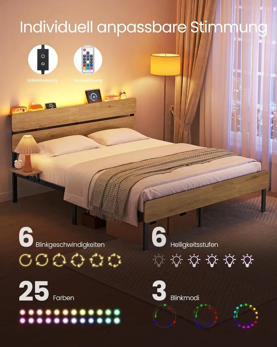 Songmics Tweepersoonsbedframe met Verlichting 140x200cm - Natuurlijk bruin - afbeelding 3 van 6